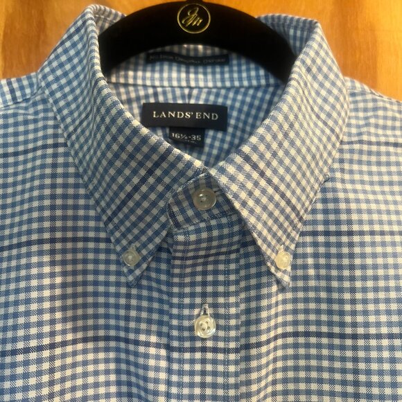Baumwolle Cotton Classic Blue Plaid Button Down // Lands' End Men's Size L - Picture 2 of 9